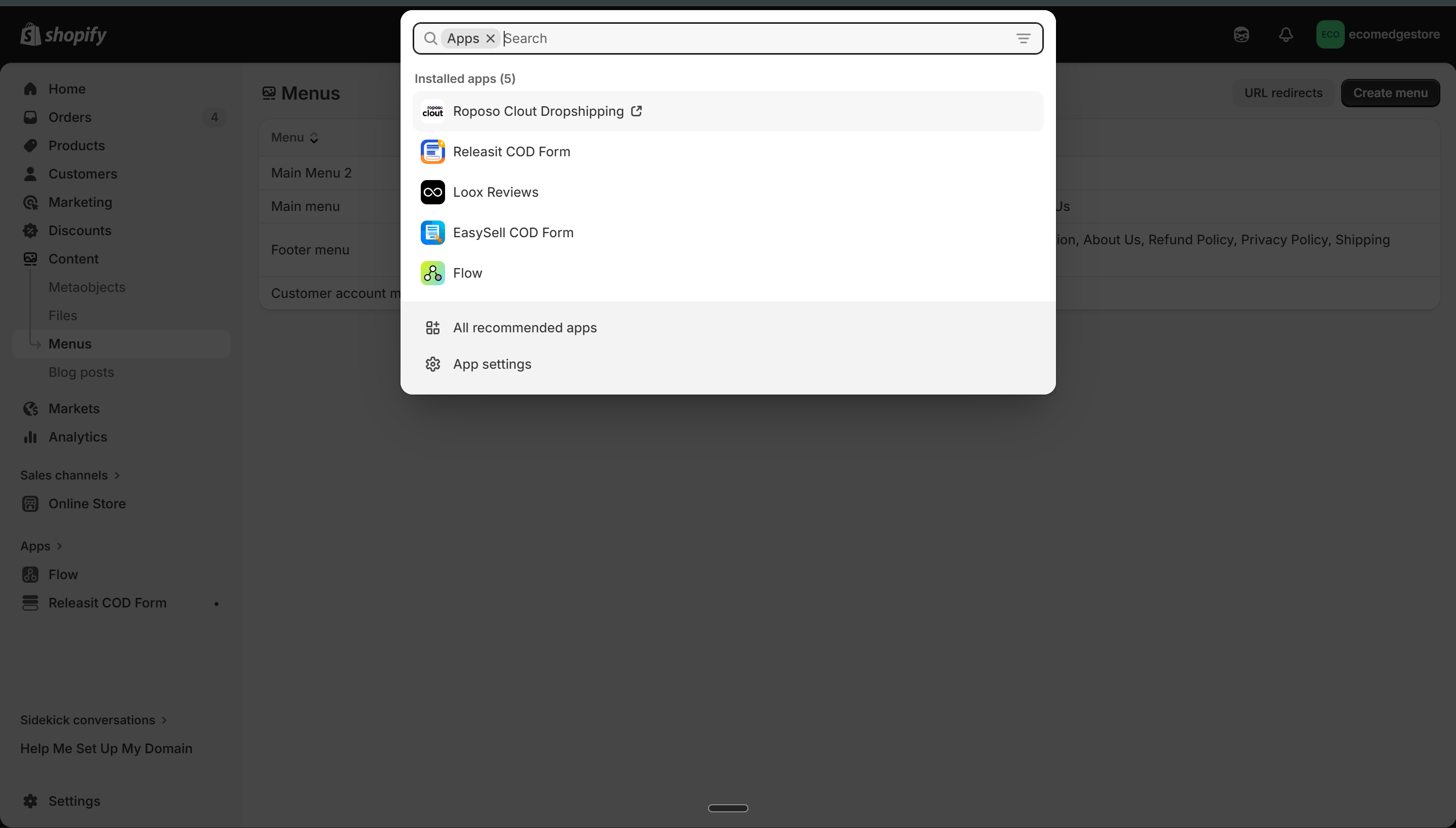Shopify apps — searching for installed apps